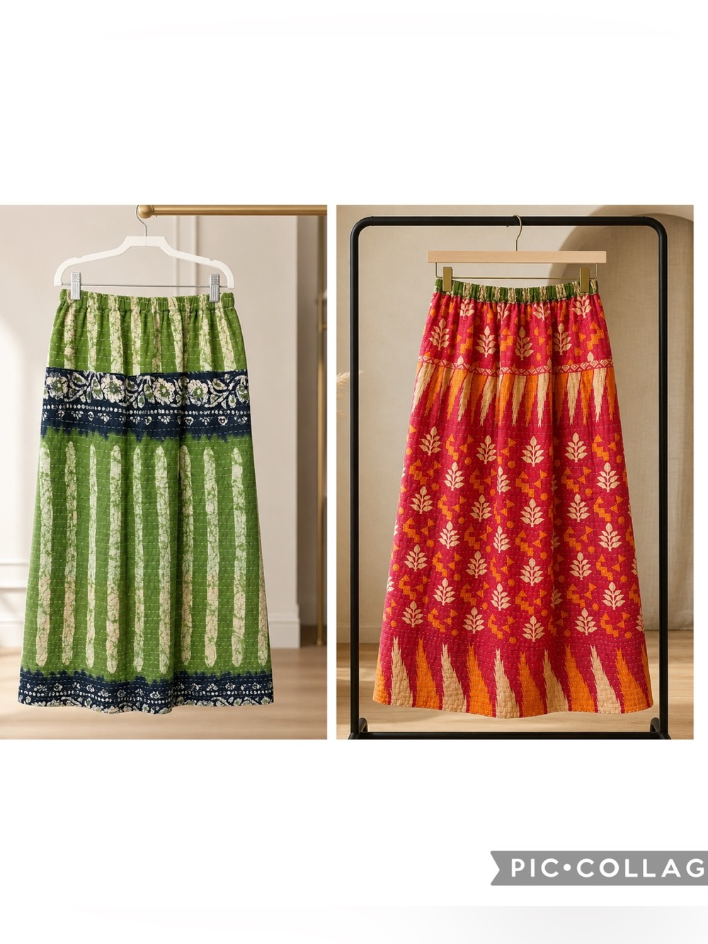 NWT Xanna The Nikki Reversible Green/Pink Handmade Kantha Fabric Boho Maxi Skirt